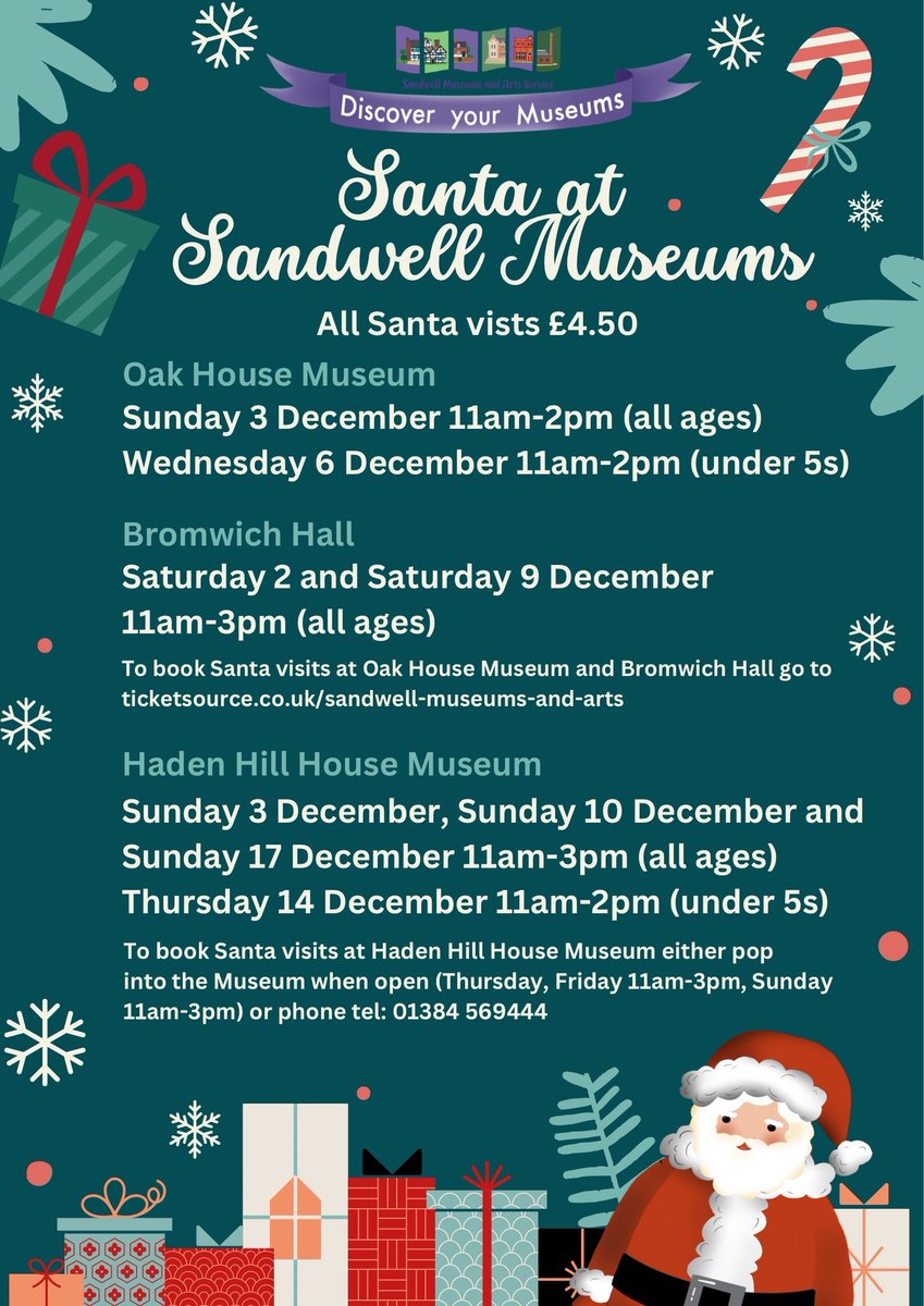 See Santa in his magical grotto and more as well as see our houses beautifully decorated for the festive season. *Book Bromwich Hall on 2nd and 9th and Oak House on 3rd, 6th and 10th at ticketsource.co.uk/sandwell-museu… *For Haden Hill House book by popping in or calling 01384 569 444