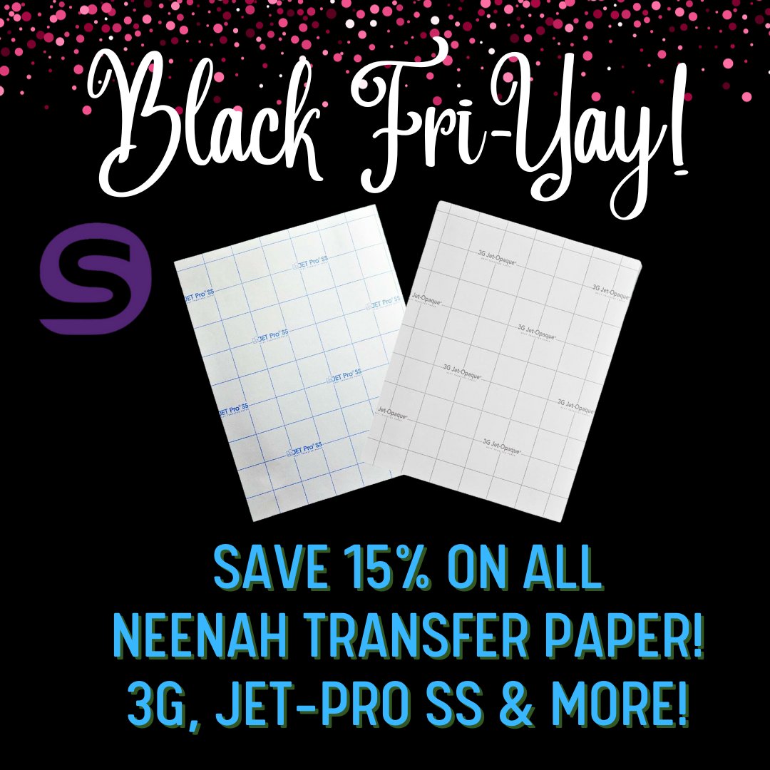 SpecialtyGraph's tweet image. Black Fri-Yay Sale! Save 15% on all ink jet, laser, and sublimation paper from Neenah-Coldenhove! Use coupon BLACKFRIYAY15 today!
loom.ly/e_9RR0E
 #sublimationpaper #heattransfer #specialtygraphics #specialtygraphicsupply #crafts #heatpress #sublimation  #tshirtprinting
