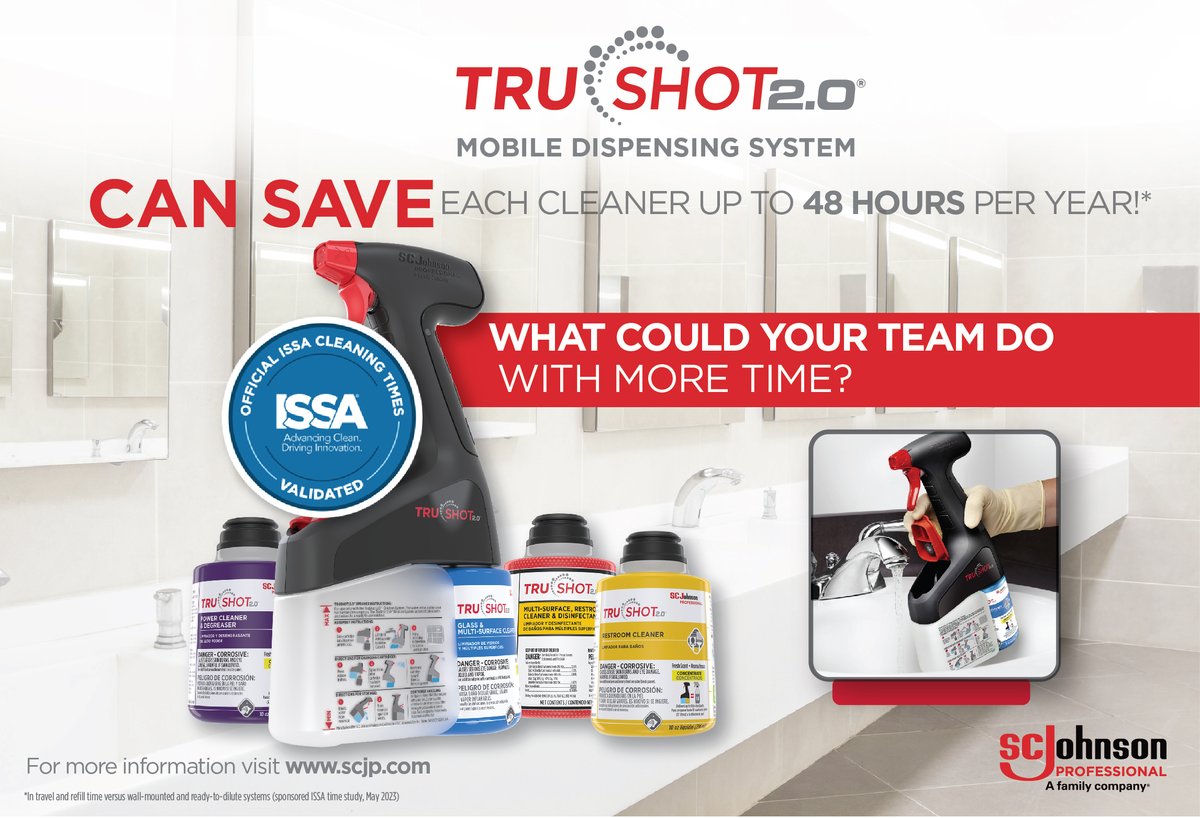 TruShot 2.0® can save each cleaner up to 48 hours per year in travel and refill time versus wall-mounted and ready-to-dilute systems (sponsored ISSA time study, May 2023). Help your team members save time later, by learning about TruShot 2.0® NOW! hubs.li/Q027zPCr0