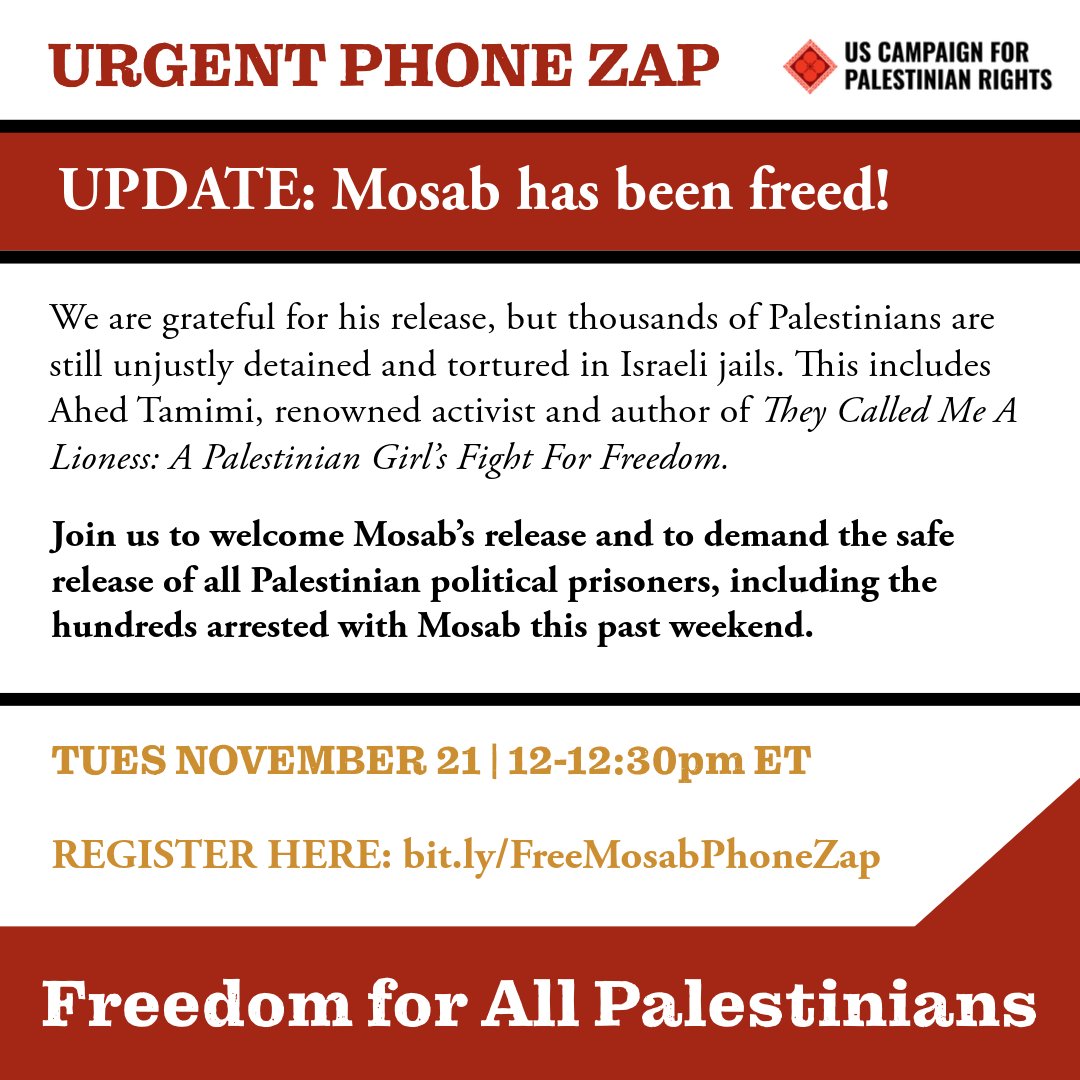 UPDATE: Mosab Abu Toha has been freed. Grassroots pressure freed him, but Israel continues to unjustly detain thousands of Palestinians, including 200 men mass arrested with Mosab. Join us at 12pm ET/9am PT TODAY to take action: bit.ly/FreeMosabPhone… #CeasefireNOW #FreeThemAll