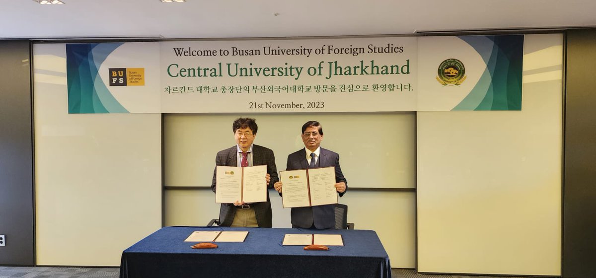 CUJ_Official's tweet photo. CUJ signed MoUs with Keimyung University and Busan University of Foreign Studies, South Korea during the visit of Hon’ble VC Prof. K. B. Das. 
@rashtrapatibhvn 
@PMOIndia 
@dpradhanbjp
@EduMinOfIndia                                                     
@ugc_india  
@BhusanKshiti https://t.co/6tStMo5Wa6