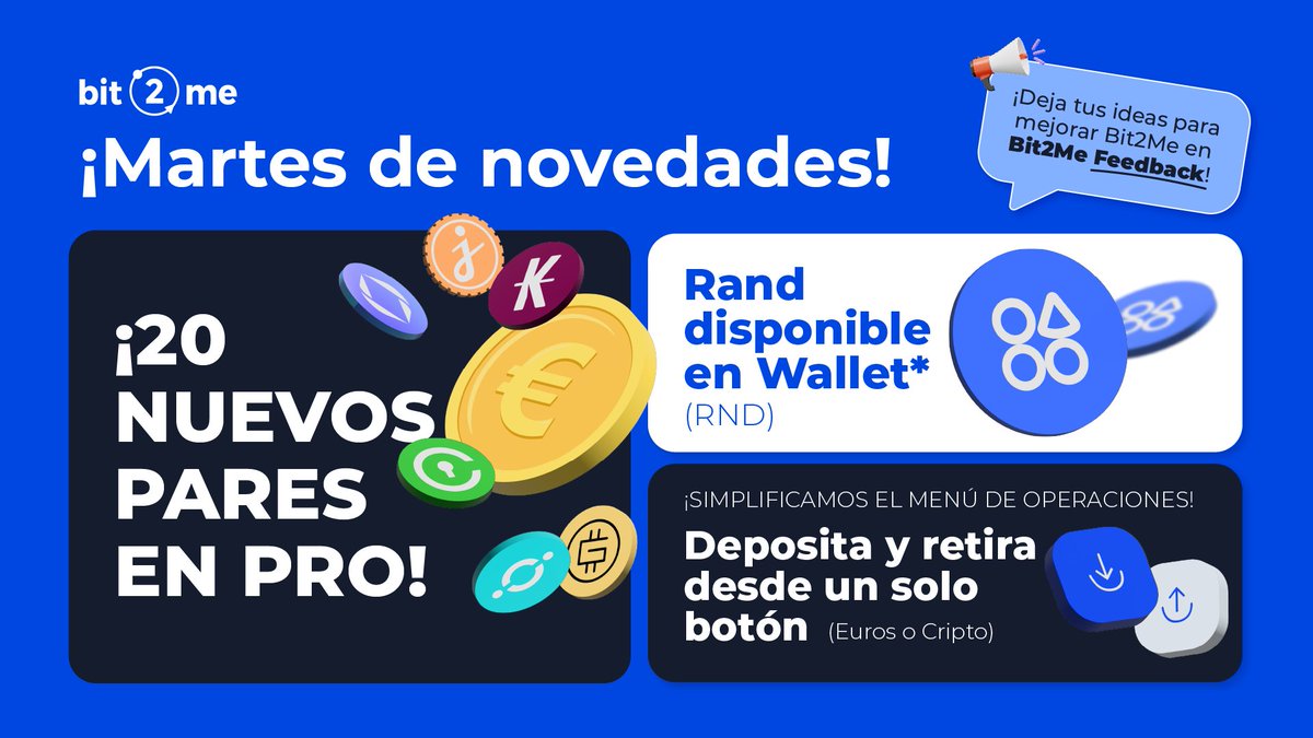 🗓️ ¡Martes de novedades en Bit2Me! 🗓️

Bienvenidos todos a un nuevo martes de novedades. Esta semana venimos cargados de novedades. ¿Preparado?
Vamos allá 👇 👇
1/4