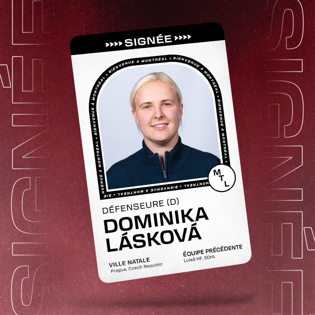 PWHL_Montreal's tweet photo. Tchèque moi ça!😉

Dominika Láskova signe un contrat de 2 ans 👏
Avant d’arriver à Montréal, Láskova a jouer pour le Toronto Six (2022-2023) dont elle a été championne et a joué 13 matchs dans la SDHL pour Luleå HF (2023-2024). 

Czech this out!😉

Dominika Láskova signs a two-year contract!👏
Before arriving in Montreal, Láskova played for the Toronto Six (2022-2023), where she was crowned champion and played 13 games in the SDHL for Luleå HF (2023-2024).

Bienvenue à Montréal!