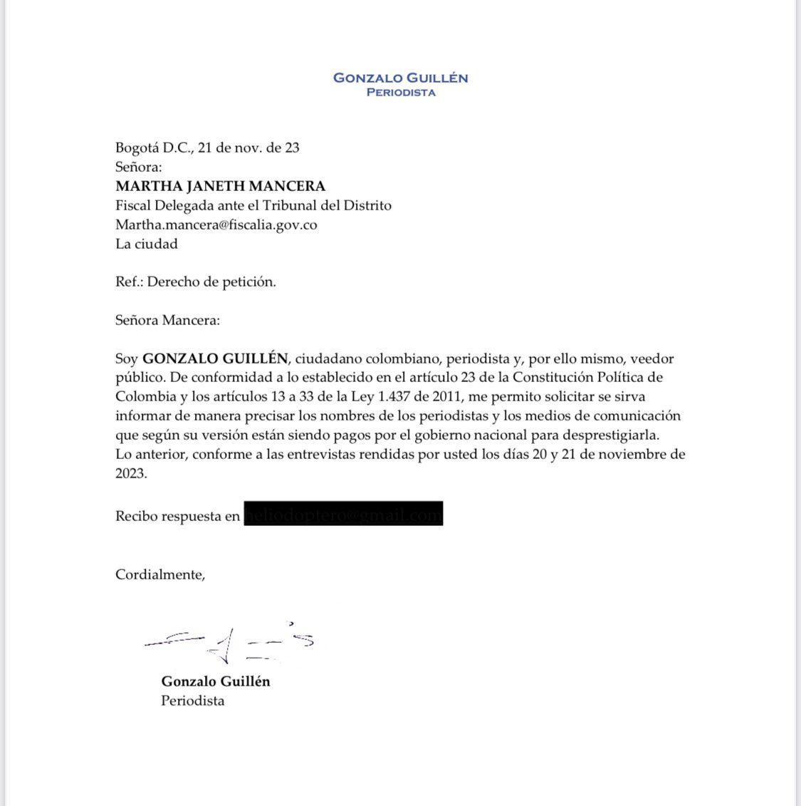 HELIODOPTERO's tweet image. Envié este derecho de petición para que la delincuente vicefiscal Martha Mancera me entregue los nombres de los periodistas y los medios que, según ella, son mandados por ⁦@petrogustavo⁩ para “desprestigiarla”.
⁦@FLIP_org⁩ ⁦@CPJAmericas⁩ ⁦@RSF_esp⁩