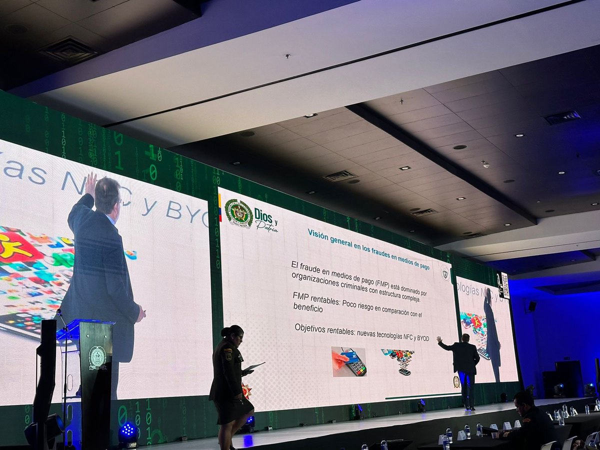 CyberPro_Center's tweet photo. 2do día del Congreso Internacional de Tecnología y Ciberseguridad, organizado por la @PoliciaColombia. Destacan charlas enriquecedoras: Ing. Fabian Sanchez en economía y operaciones en la #DarkWeb, y Manuel Sánchez nos hace comprender más allá de #fraudes en medios de pago.🔒💻 https://t.co/5onNn5lU4G