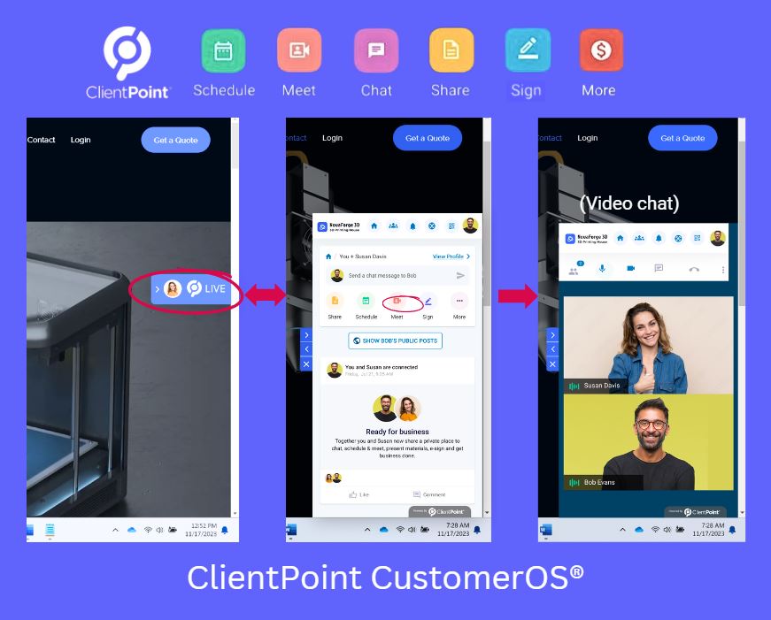 ClientPoint's tweet image. Introducing #CustomerOS® ! Instead of a robotic customer chat window; experience a  relationship enablement platform to connect with #live sales/service instantly. Chat, share content, video conference, schedule, Esign – all in one place! Schedule a demo events.clientpoint.net/schedule-demo/…