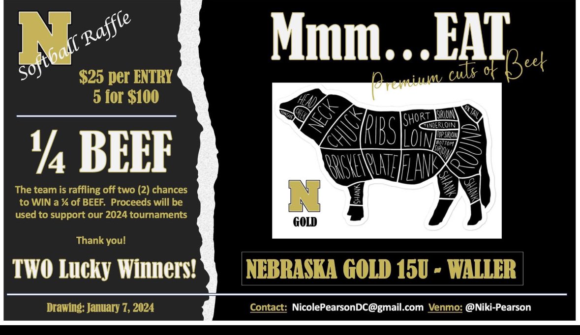 Holy Cow!!  🐮
Our team is raffling off two (2) chances to win 1/4 of a cow! That’s a $2200 value!! This fundraiser will help cover travel and tournament fees for the 2024 season!  DM us for tickets or Venmo @kelwal25 (9095). Thanks so much for your support!