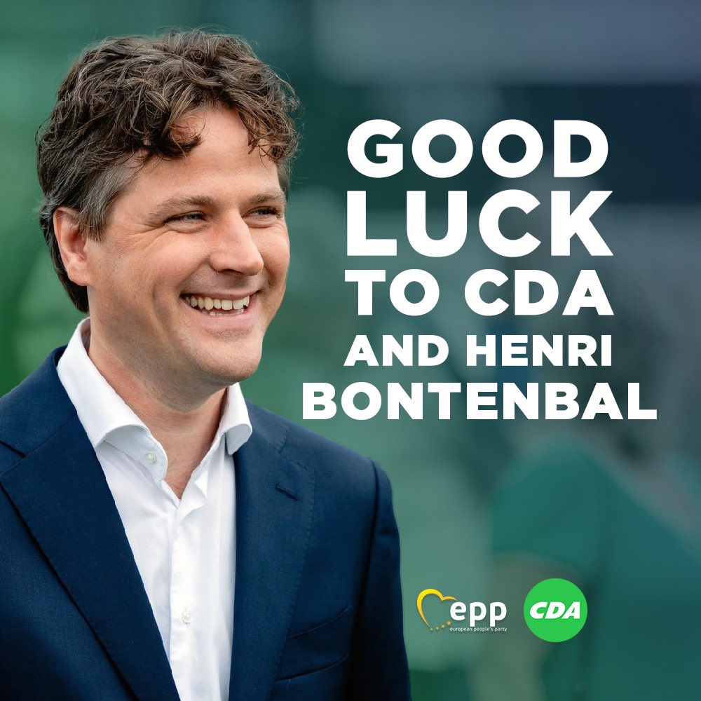 EPP's tweet photo. Best of luck to our member party @cdavandaag and its leader @HenriBontenbal in tomorrow's crucial national elections in the Netherlands! 🇳🇱 https://t.co/FGJke0PFT4