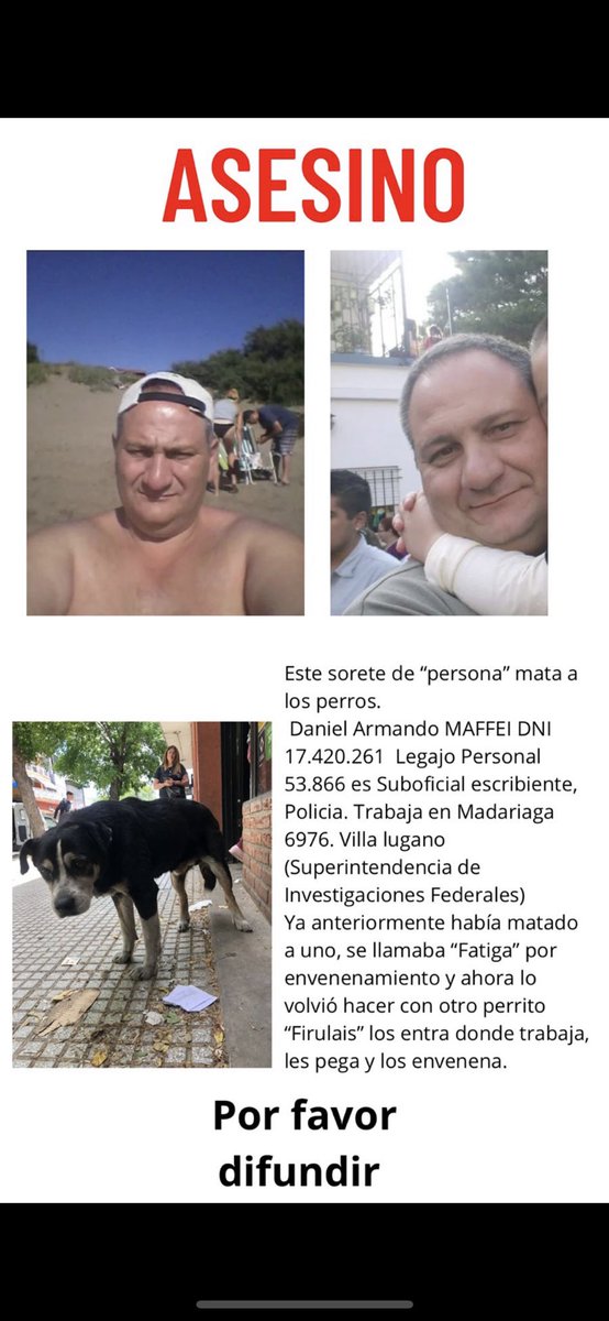 lagarzasosa_'s tweet photo. El perro se terminó muriendo. Una compañera de él lo expuso por qué sabe la situación pero tiene miedo de hablar. Ahora a él lo van a ascender y va a seguir envenenando a los perros 
Vecinos de lugano por favor, involúcrense! 
Rt. Gracias https://t.co/RSuNSyeXX6