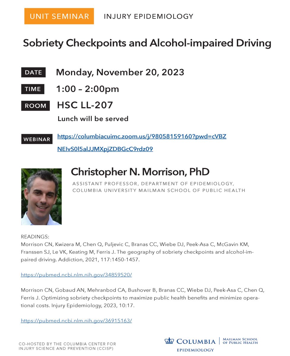 Interesting Injury Unit Seminar presentation by CCISP faculty Christopher Morrison examining the impact of rideshares (#Uber and #Lyft), sobriety checkpoints, and alcohol-impaired driving. #Beinjuryfree #publichealth #injuryscience #NCIPC #CDC