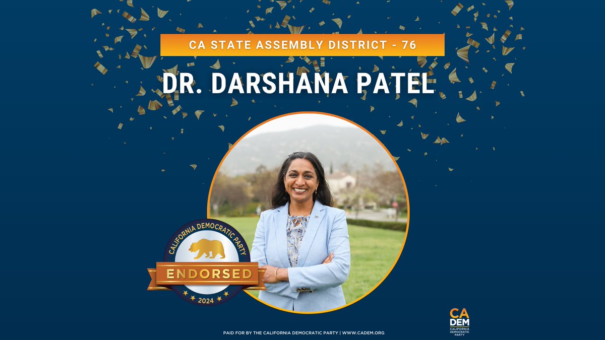 IAmDarshPatel's tweet photo. I am proud to be the only candidate endorsed by the CA Democratic Party in the Assembly District 76 race!
Many thanks to the incredible local leaders & delegates for continued support as we build on this momentum for the campaign ahead!
#PatelforAssembly #CommunityCandidate https://t.co/otCzr0aK0z