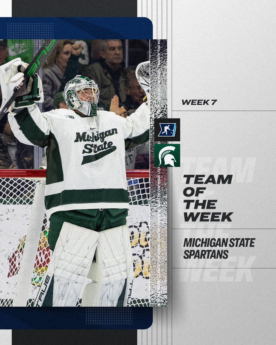 NCAAIceHockey's tweet photo. 🟢 𝐓𝐄𝐀𝐌 𝐎𝐅 𝐓𝐇𝐄 𝐖𝐄𝐄𝐊 🟢

@MSU_Hockey is this week's NCAA 𝐓𝐄𝐀𝐌 𝐎𝐅 𝐓𝐇𝐄 𝐖𝐄𝐄𝐊 after sweeping then No. 1 Wisconsin!

#NCAAHockey https://t.co/u1iYdO76Dn