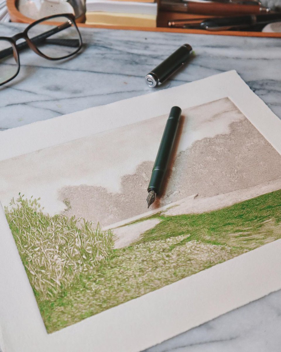 scriveiner's tweet photo. @LuisColanArt  bringing artistic visions to life with the EDC Mint Green Fountain Pen 💚🎨

#fountainpen #edcpen #pocketpen #pendrawing #penart #penandinkdrawing #drawing #inkdrawing #landscapedrawing https://t.co/Aq6FvMwY0C