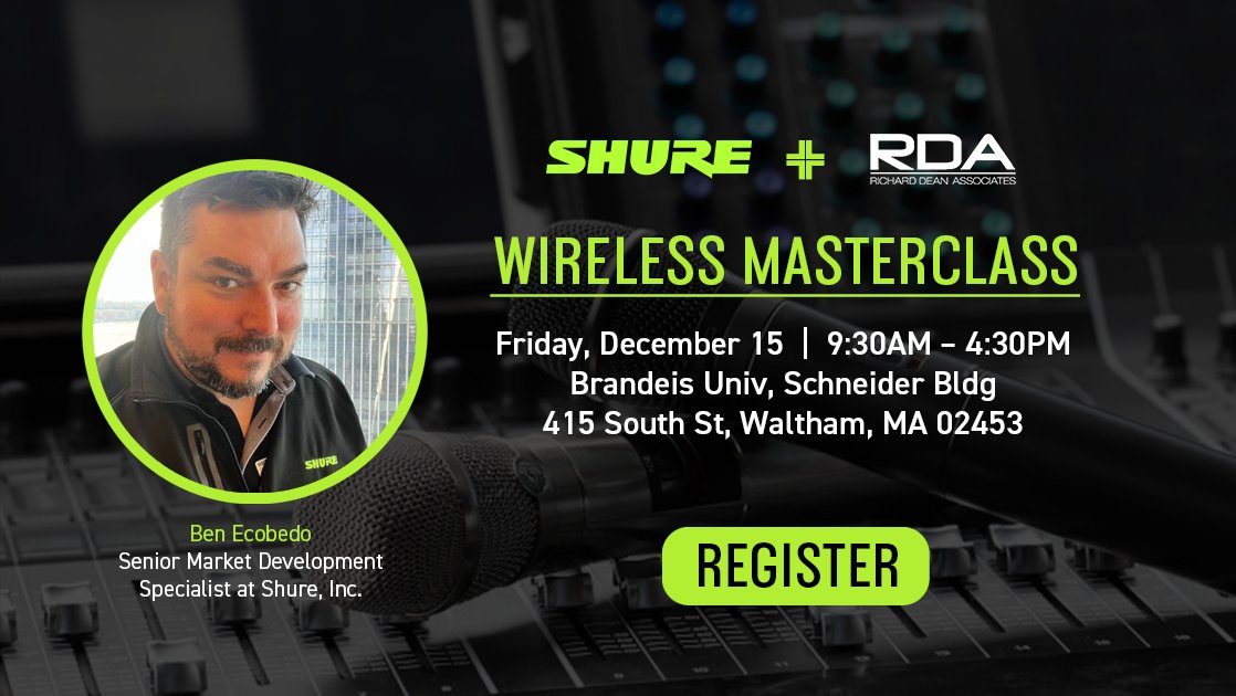richarddeanasc's tweet image. Join @shure&apos;s Ben Escobedo and the RDA team for a wireless masterclass.  Whether you are new to wireless concepts or a seasoned veteran there is something for everyone to be gained. Register: bit.ly/47KJBG9
#wirelessmasterclass #Shure #CTSRU #CTSD