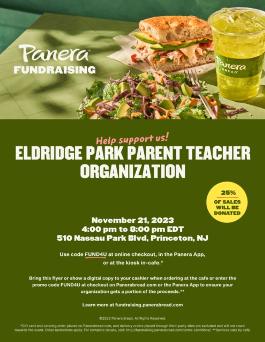 ELDRIDGE PARK SCHOOL PTO (@epsptonj) on Twitter photo Our dine to donate has arrived with thanks from <a href="/panerabread/">Panera Bread</a>
Stop by today from 4-8 and a portion of your purchase will support the PTO to continue to provide awesome experiences for our students 😀 Our dine to donate has arrived with thanks from <a href="/panerabread/">Panera Bread</a>
Stop by today from 4-8 and a portion of your purchase will support the PTO to continue to provide awesome experiences for our students 😀