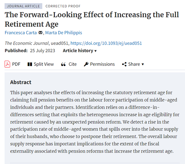 EJ_RES's tweet photo. Forthcoming at EJ: ‘The Forward-Looking Effect of Increasing the Full Retirement Age' by Francesca Carta, Marta De Philippis https://t.co/3V4JOIoBZu @RoyalEconSoc @OUPEconomics #EconTwitter https://t.co/3uCmgxdyLL