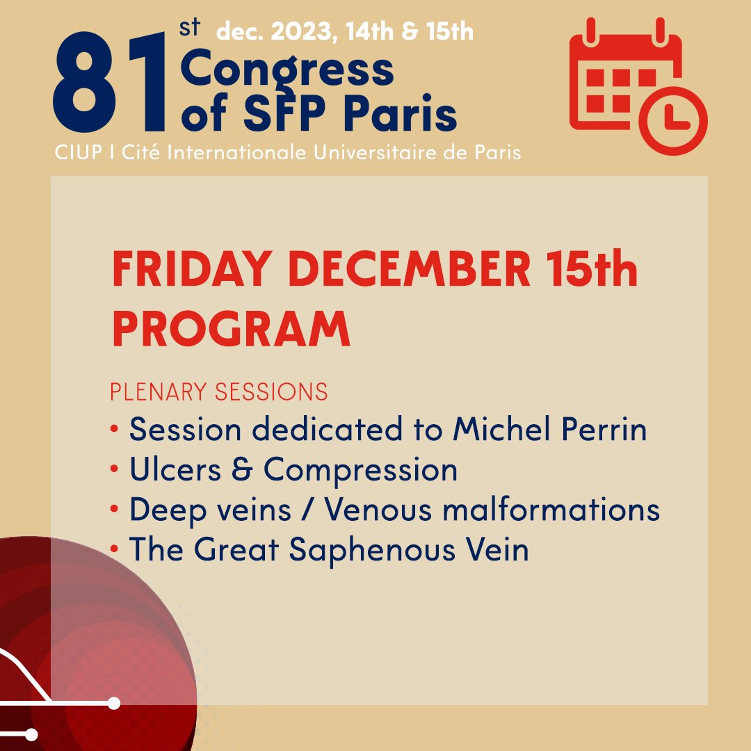 📢Discover the program of the 2nd day of the SFP congress👇

Program : sfpcongres.com/en/program/
Registration : sfpcongres.com/en/registratio…

#SFPhlebo #Vascular #SFP #Phlebology #Congress