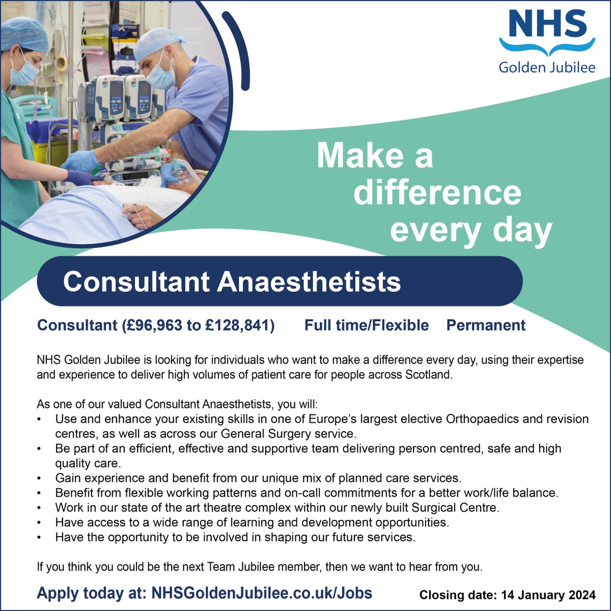 #JobAlert We have a fantastic opportunity for Consultant Anaesthetists to join our team!
If you are an experienced and passionate Consultant Anaesthetist who thrives in an innovative, fast paced environment, then we want to hear from you.
Find out more 👉 apply.jobs.scot.nhs.uk/Job/JobDetail?…