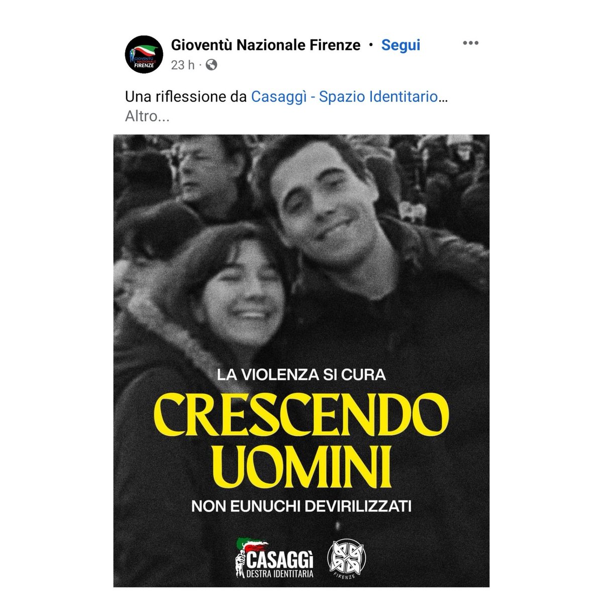 AlekosPrete's tweet photo. Crescere maschi, bianchi, etero e virili. Sarebbe la ricetta contro le violenze e i femminicidi che sono il risultato di un modello sociale "fluido e aperto" che crea "eunuchi devirilizzati".  Questa è la visione tossica e machista dei giovani fascisti d'Italia. #matrice https://t.co/uOzIgSIS7L