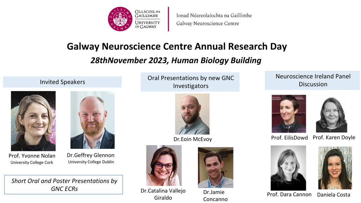 Galway Neuroscience Centre (@galwayneuro) on Twitter photo Our annual Research Day takes place next week! 🧠
Invited speakers <a href="/yvonnemnolan/">Yvonne Nolan</a> (UCC) and <a href="/jeffrey_glennon/">Dr. Jeffrey Glennon</a> (UCD), along with 3 new GNC PIs, will present on their latest research. We are delighted that so many ECRs will also present their research in both oral and poster format Our annual Research Day takes place next week! 🧠
Invited speakers <a href="/yvonnemnolan/">Yvonne Nolan</a> (UCC) and <a href="/jeffrey_glennon/">Dr. Jeffrey Glennon</a> (UCD), along with 3 new GNC PIs, will present on their latest research. We are delighted that so many ECRs will also present their research in both oral and poster format