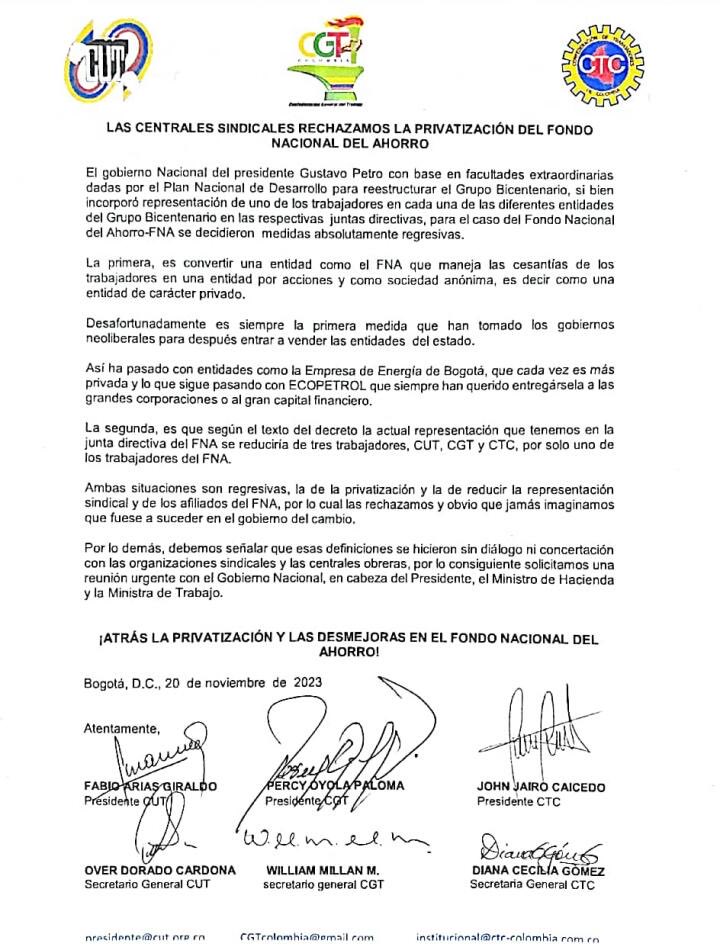 gustavotrianasu's tweet photo. Coherente respuesta de Centrales Obreras al decreto del gobierno @petrogustavo sobre la implementación del Plan Nacional de Desarrollo que privatiza el Fondo Nacional del Ahorro y recorta la representación de los trabajdores. La autonomía e independencia del movimiento sindical. https://t.co/VTMfakHApH