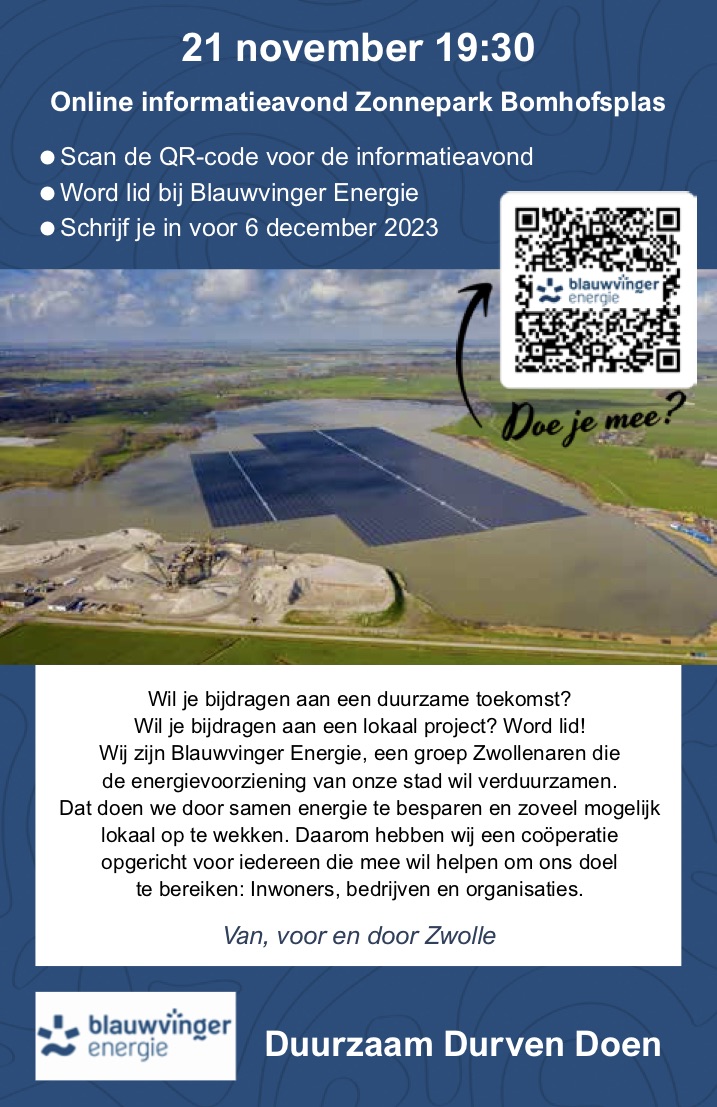 Voor de late beslissers (Zwolle). Log jij vanavond in op de online informatie avond ledencertificaten zonnepark Bomhofsplas