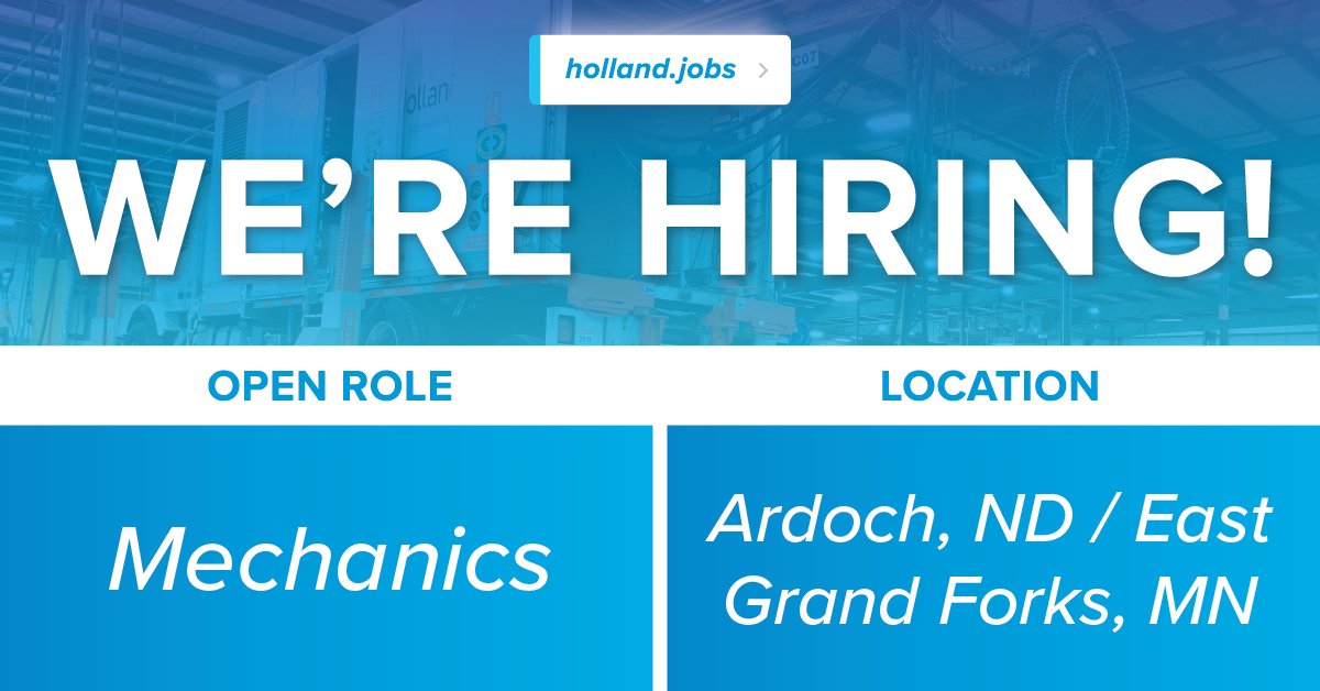 Hey Minnesota &amp; North Dakota, we'd love to meet you! 

Our team is growing and we're currently hiring Mechanics in our Ardoch &amp; East Grand Forks locations. 

To apply and learn more visit our careers page bit.ly/3U9GJfi