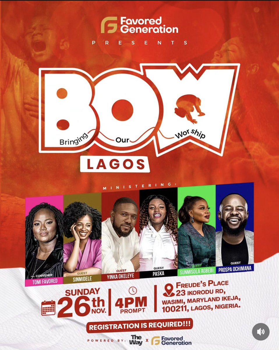 ChurchEventsNG's tweet photo. Join @tomifavored and other talented ministers on November 26th, Lagos Nigeria as we BOW to the King of Kings and the Lord of Lords

B.O.W. - An acronym meaning “Bringing Our Worship”

@nathanielblow @DunsinOyekan 
@tybellotweets 

Don’t miss out on this. https://t.co/KDBgCtKc8q