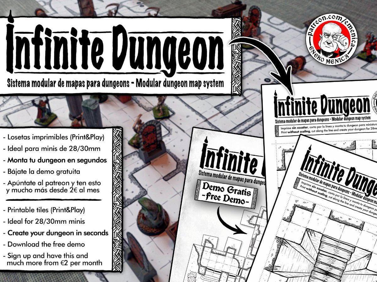 emenica's tweet photo. #InfiniteDungeon, my tile system to create dungeons on the fly for 28/32mm miniatures is now available on the patreon.
You can download a demo ready to print and play.
Looking forward to knowing what you think and seeing photos of it on the table 😉
https://t.co/krNqeW21DR https://t.co/5YeNI8Ey8m