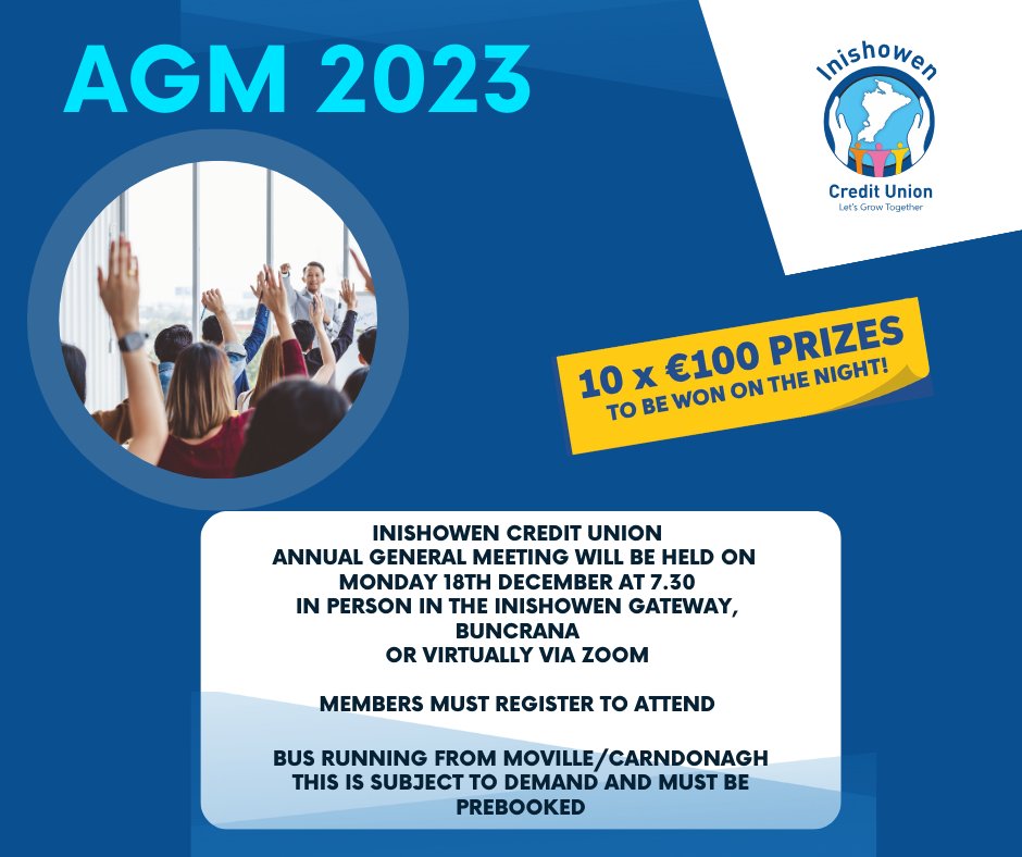 🌟 Notice of our AGM 🌟
Monday 18th of December at 7.30 in the Inishowen Gateway, Buncrana. If you would like to attend in person and via zoom if you would like to attend virtually.
For more information on how to register visit our website inishowencu.ie/agm