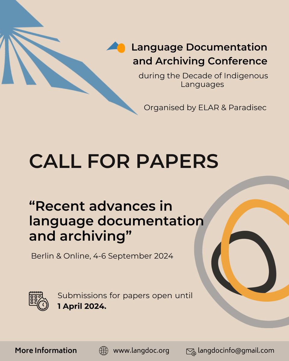 📢 Join ELAR and PARADISEC at LD&A2024! Submit your papers for the conference on 'Recent Advances in Language Documentation and Archiving.' #LDA2024 Abstract submissions are welcome until April 1, 2024.  Visit our website for more information: langdoc.org/call-for-paper…