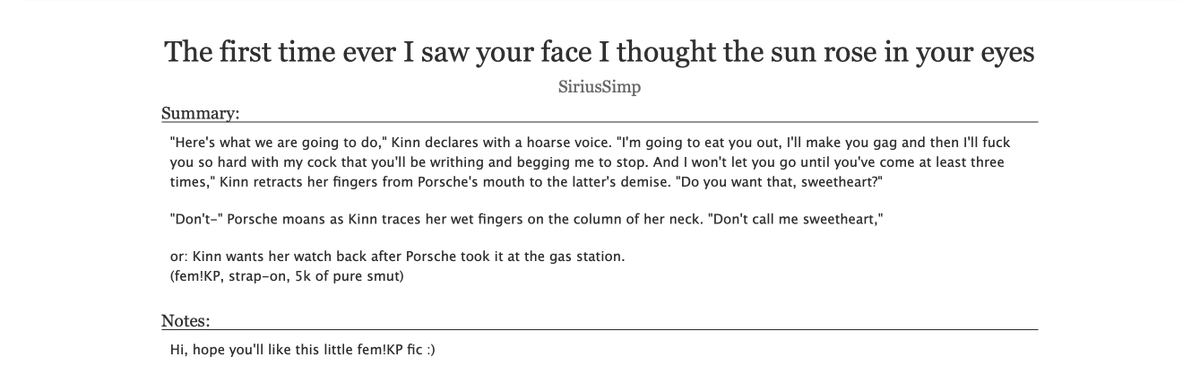 ✨The first time ever I saw your face I thought the sun rose in your eyes✨
💚Kinnporsche
💛🔞pure smut
💚🔗in the replies
💛day 21: [cisswap] #mau_month
<a href="/MAUmonth/">MileApo Universe Month</a>
💚Kinn wants her watch back after Porsche took it at the gas station.
(fem!KP)
#KinnPorsche #fanfiction