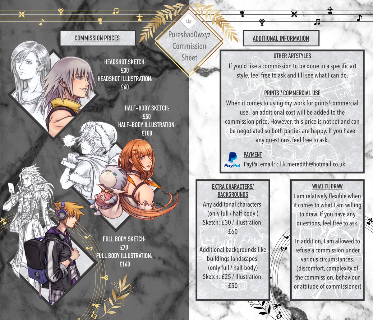 pureshad0wxyz's tweet image. Commission update: 21/11/23
Hey everyone!!
I’ve finally updated my commission sheet! If you'd like to commission me or have any questions about my commissions, feel free to message me and I’ll reply as soon as I can. I only accept PayPal too. Thank you~ ☺️🖤