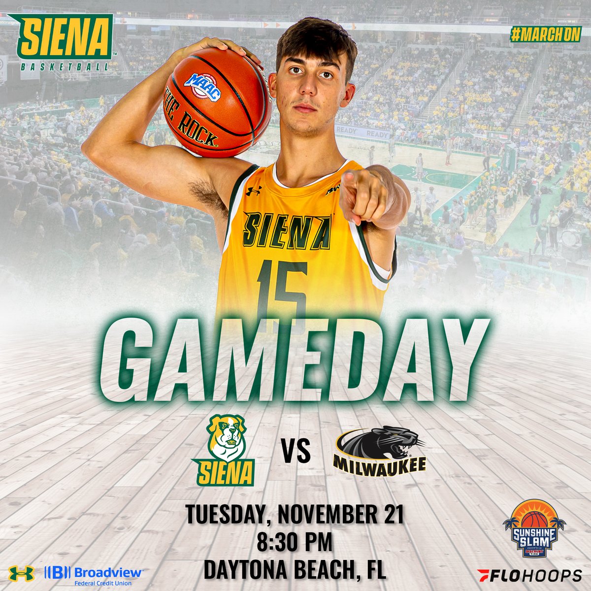 🏀 Looking to head into #Thanksgiving on a high note @SienaMBB 🆚 @MKE_MBB @thesunshineslam ⌚️ 8⃣:3⃣0⃣PM 📍 Daytona Beach, FL 🏟️ @OceanCenter 📺 @FloHoops ➡️ shorturl.at/nMOTX 📻 @JAMZ963 ➡️ shorturl.at/bIJW6 📊 shorturl.at/ipIZ8 #MarchOn x #SienaSaints