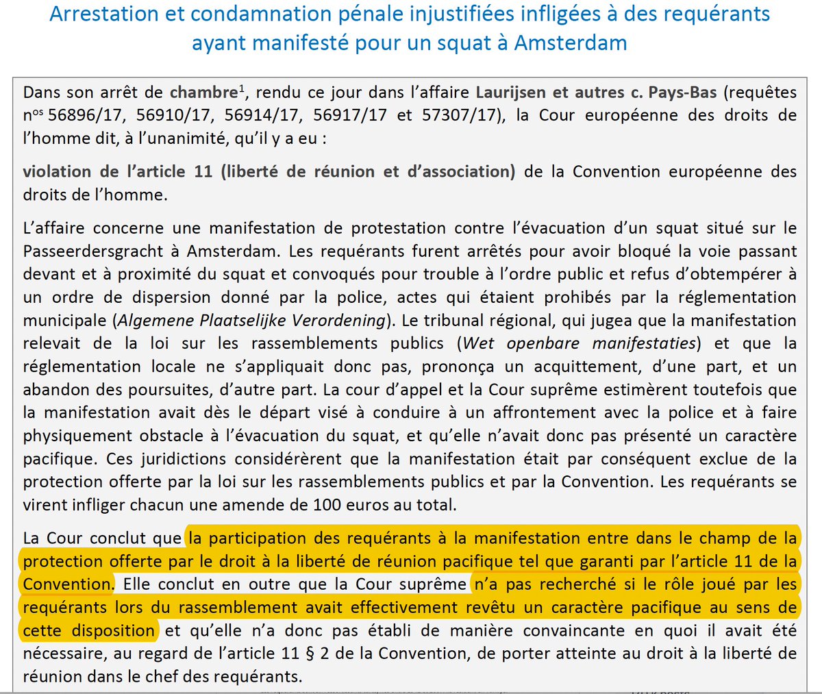 N_Hervieu's tweet photo. Liberté de manifestation : Arrêter &amp; condamner des manifestants qui protestaient contre l'évacuation d'un squat viole la #CEDH.

Car ils étaient pacifiques.

Peu importe que d’autres participants aient, eux, commis des violences envers les policiers.

=> https://t.co/7lyfsGV0z1 https://t.co/4OhISwvaB1