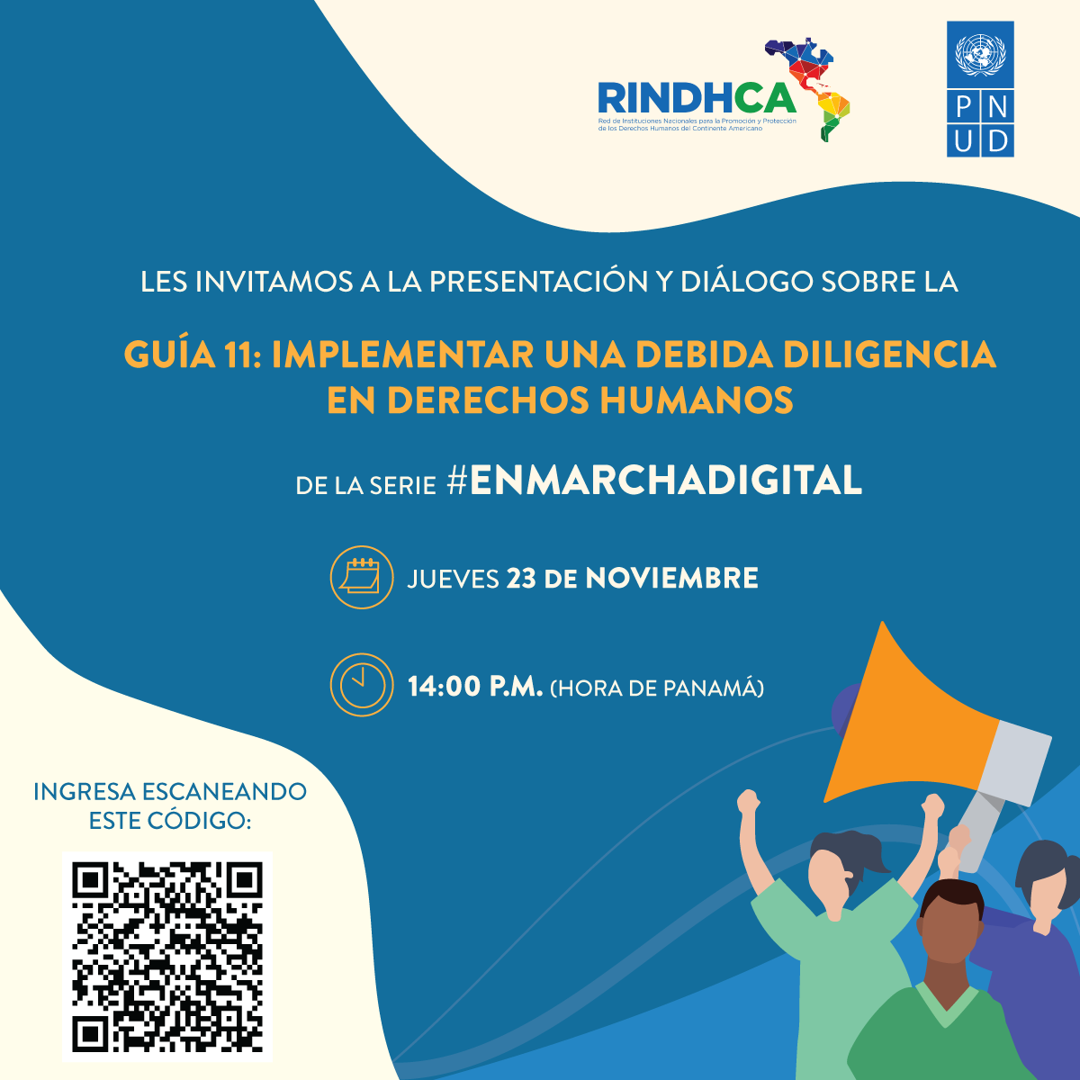 Este jueves 23 a las 2:00 p.m (Panamá) no te pierdas junto con <a href="/RINDHCA/">#RINDHCA</a> la presentación y diálogo en torno a la innovadora herramienta digital “Guía 11: Implementar la debida diligencia en Derechos Humanos”. 

Registro: shorturl.at/gruL0