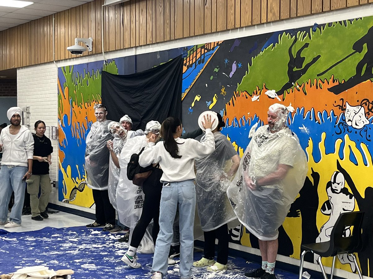 Whip cream pie in the face to raise $$ for a local Women’s shelter. These teachers are amazing!! <a href="/principalfreier/">Paul Freier</a>