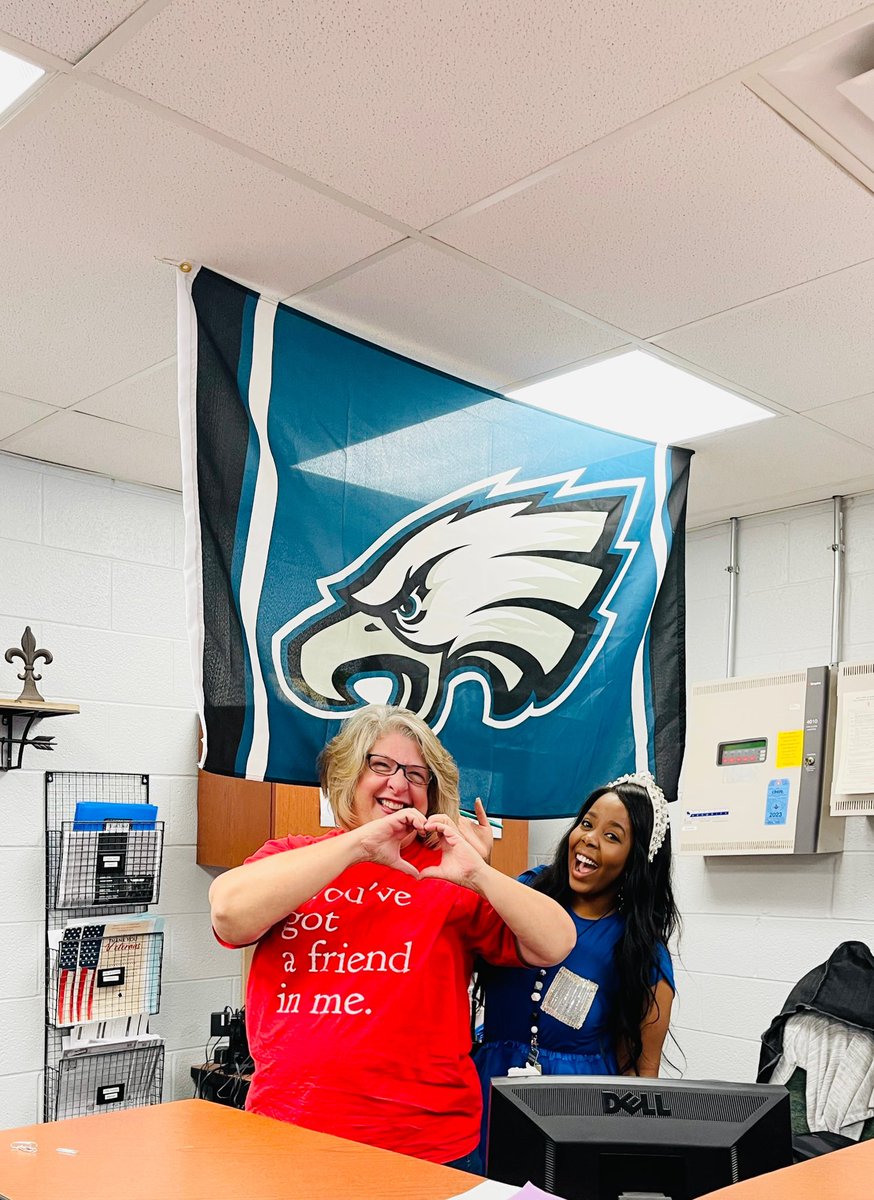 Our secretary Mrs. Laski is a Kansas City Chiefs fan and had a blast representing our Eagles today! 🦅💚 #FlyEaglesFly  #FriendlyRivalry #GoEagles