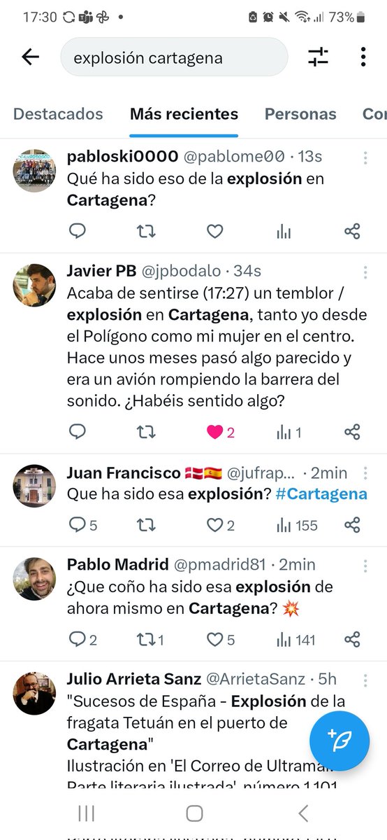 Raulasensio's tweet photo. Acaba de sentirse una explosión/honda expansiva en Cartagena, ¿otra práctica militar aérea que rompió la barrera del sonido? https://t.co/t2gJQVLLaQ