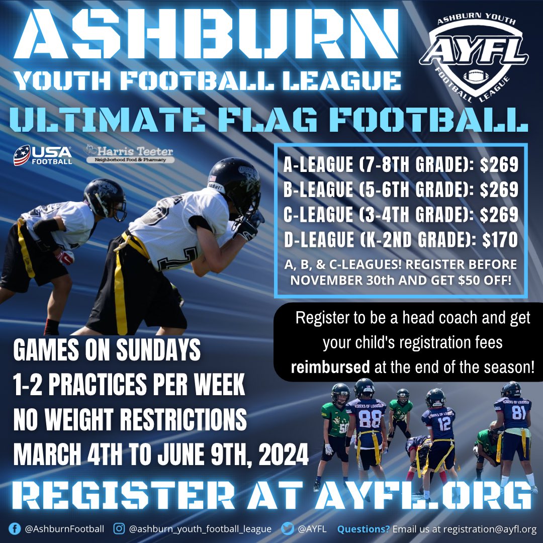 AYFL's tweet photo. REMINDER!

2024 Ultimate Flag Registration is open! Open to players of all experience!

Register before December 1st to secure $50-off A, B, &amp; C-league registration!

#AYFL #NOVA #Ashburn #Loudoun #YouthFootball #Football #FlagFootball https://t.co/XRjJN3M9YK