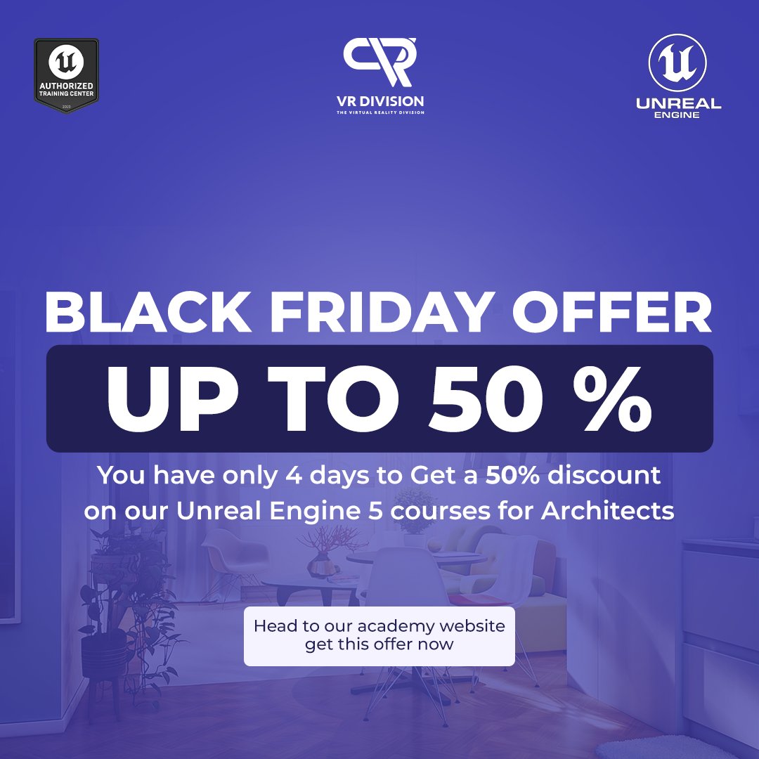 🔗 the link vrdivisionacademy.com/unreal-engine-…
 Black Friday offer! Get a whopping 50% discount on our UE5 course tailored for Architects at VRD Academy.

#vrdivision #BlackFridayOffer #UE5Course  #Architects #VRDAcademy   #UnrealEngine5  #LimitedTimeSale