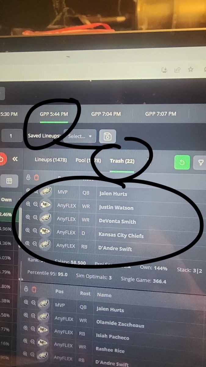 JackPKennedy09's tweet photo. 2 nights in a row i delete the winning lineup on FD's shwdwn slates. I lock in my mvp &amp; narrow it down from there for anyone who might question the probability of this occuring in b2b nights. I only delete at most 50 lineups from my core everything else is  process of elimination https://t.co/LvVy1AFeG4