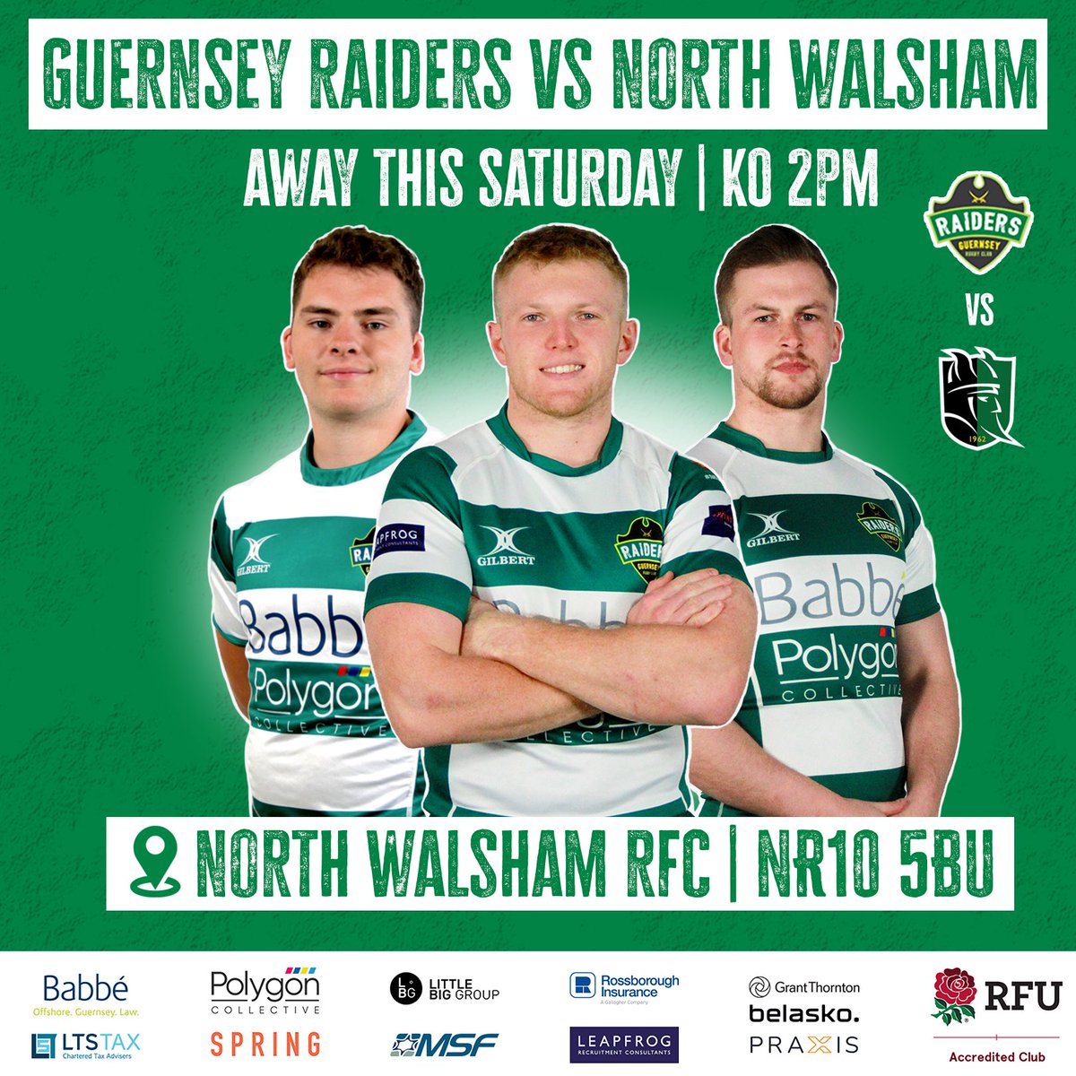 ⚔️Next Match⚔️

🏴‍☠️ Ahoy, fellow Raiders! This Saturday, the Guernsey Raiders will go into storm against North Walsham away. 

📍North Walsham RFC, Scottow, Norwich, NR10 5BU | KO 2pm.

May the battle begin... Go Raiders! ⚪🟢