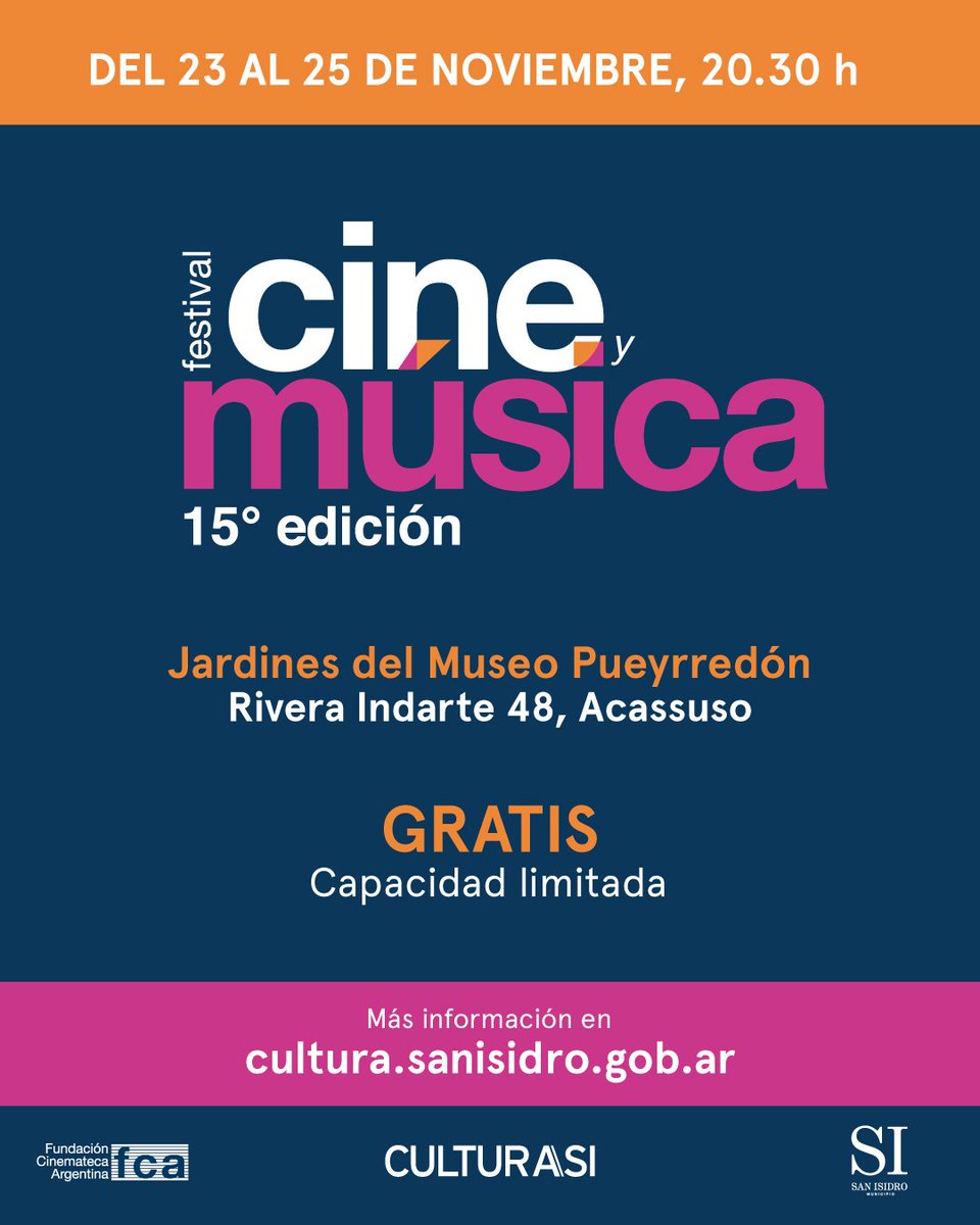 Esta semana comienza el Festival de Cine y Música de San Isidro 🎥🎼

Agendate ⬇️
📆Del jueves 23 al sábado 25 de noviembre, a las 20.30 h
📍Museo Pueyrredón, Rivera Indarte 48, #sanisidro
🎟️Gratis. No hace falta reservar. Ingreso por orden de llegada

#CulturaSI 
<a href="/SanIsidroGob/">San Isidro</a>