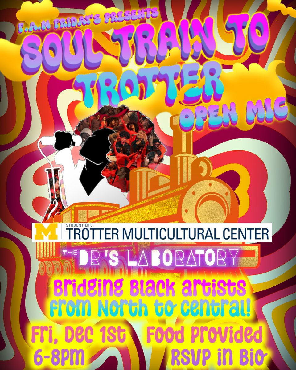 Come on down to Trotter next week for our F.A.M Friday event with The DR's Laboratory! Take the Soul Train to Trotter and support Black creatives from North Campus during our open mic event 🎤🎶👯
#FAMFridays #TrotterMulticulturalCenter #BuildingCollectivePower