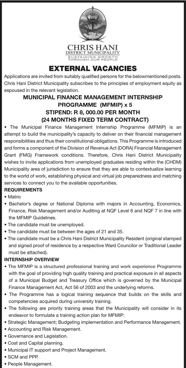 ChrisHaniDM's tweet photo. Weβre hiring! π
Municipal Finance Management Interns x 5
Closing date: 27 November 2023.
#JobSeekersZA #CHDMAtWork https://t.co/v4AdZkbXu6