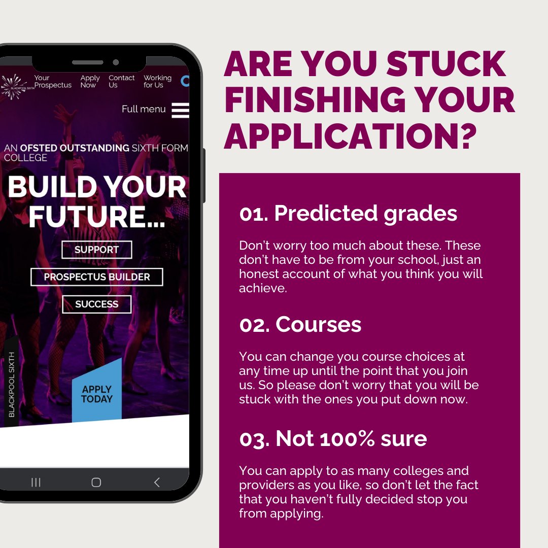 Are you stuck completing your application?
We have some answers about the things that may be holding you back!

💻 LOG IN AND COMPLETE HERE: blackpoolsixth.ac.uk/apply
