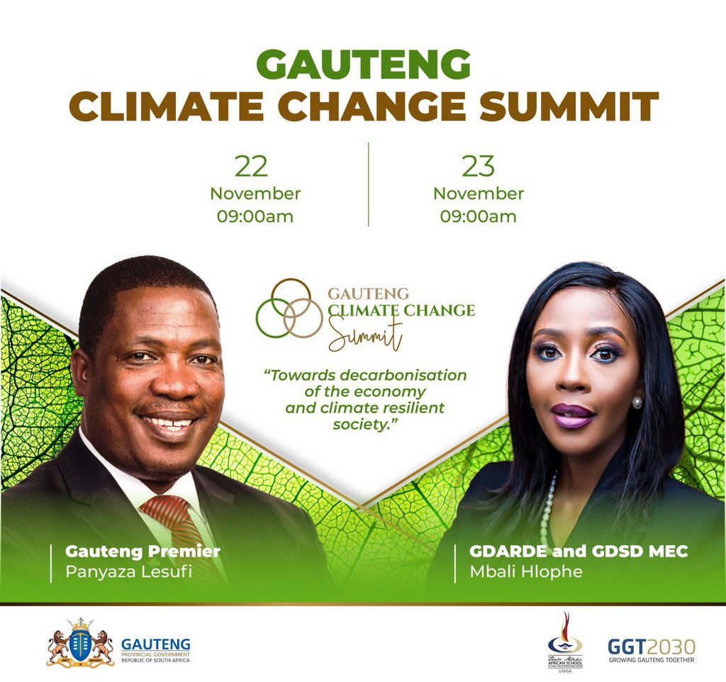 OfficialGDARD's tweet photo. Gauteng Cmimate Change Summit 

Premier of @GautengProvince @Lesufi &amp; MEC @MbaliHlopheSA in collaboration with @MbekiSchool will be hosting various stakeholders and professionals to find amicable solutions and discuss innovative climate action programmes to combat climate change. https://t.co/H8SOMgZi7l