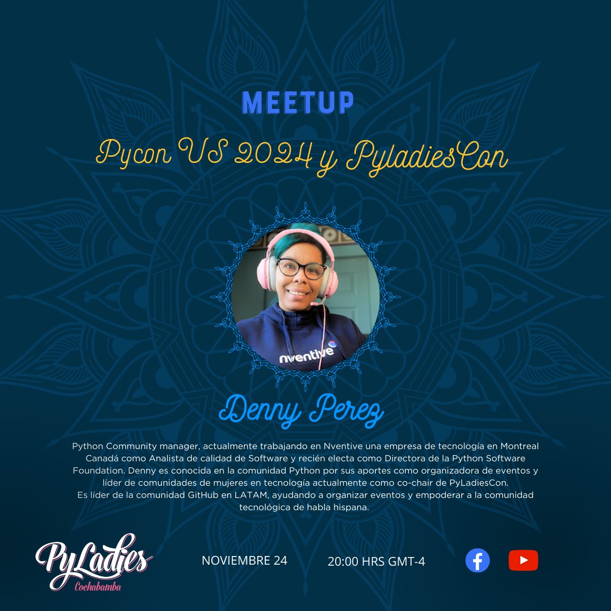 pyladiescbba's tweet photo. ¡Únete a nuestro Meetup Especial! 

Aprenderás que es PyCon US 2024 y oportunidades de becas de viaje. 🚀 
Conocerás que es la PyLadies Global Conference o PyladiesCon 

📌Acá te compartimos la página de nuestra speaker: https://t.co/D1x4eQsJig
#Python #PyCon #MeetupTech https://t.co/lPbTup4eod