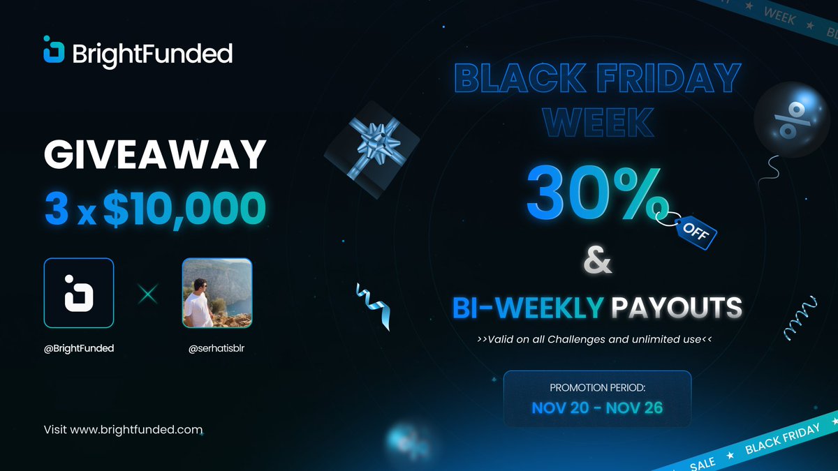 serhatisblr's tweet photo. 🚨 BLACK FRIDAY ÇEKİLİŞİ BrightFunded ile güzel bir ortaklığa başladığımızı duyurmak istiyorum. 
🌟 
Hem bu ortaklığın hem de BrightFunded'ın Black Friday Özel %30 İNDİRİMİ şerefine, bir çekiliş düzenliyoruz! En sıkı spread oranları ve en iyi ticaret koşullarına sahip BrightFunded ile fon sahibi olma şansını kaçırma. 🎉

3 x 10.000$ GIVEAWAY  

1. Takip et

@BrightFunded
@BrightFundedTR
&
@serhatisblr
2. Beğen ve RT'le 
3. 2 arkadaşını etiketle